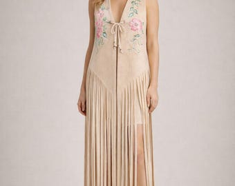 Women's Long Fringed Vest in Hand-Painted Eco-Friendly Sheepskin with Fringes and Rhinestones - Handmade and Eco-Friendly Boho Chic Fashion