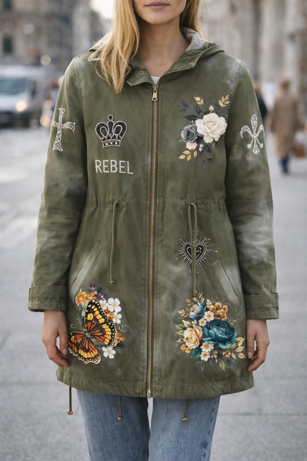 Women's Military Parka Hand Painted With Vintage Relief Print Save the ...