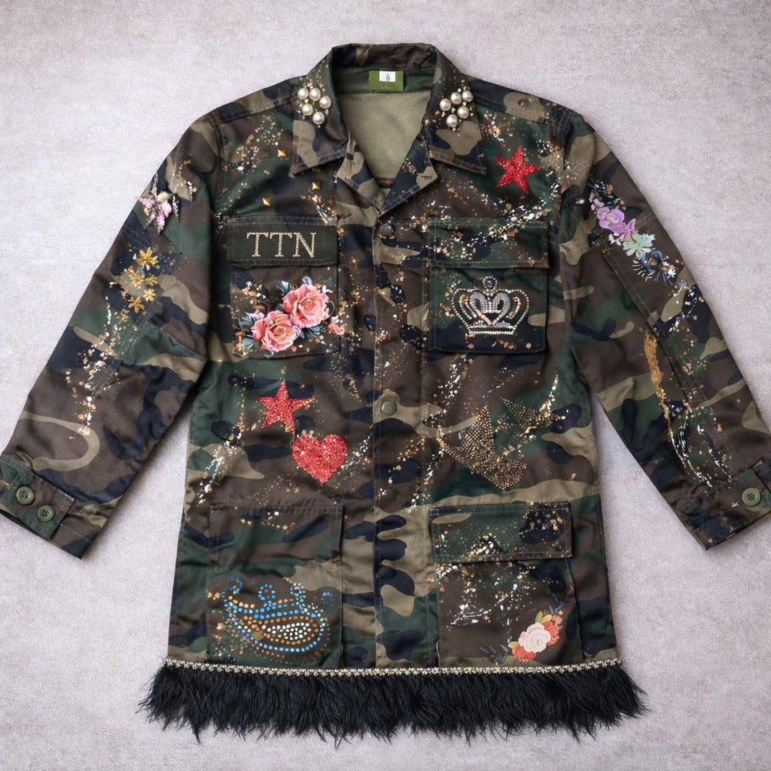 Upcycled Camo Jacket With Ostrich Feathers, Military Jacket, Camo