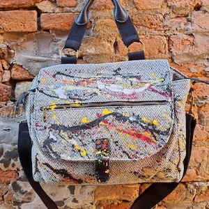 Bolso Bandolera Messenger en Tweed y Piel Verdadera Pintada a Mano, Bolso Business Fashion, Paint Splat Art, Bolso con Graffiti, piezas únicas.