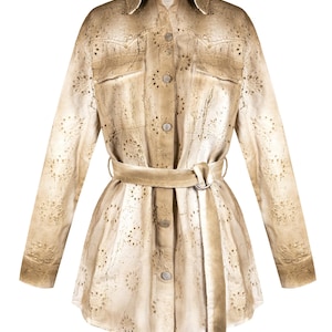 Women&#39;s Perforated Jean Jacket with Sangallo Lace Effect, Western Cowboy Trend, Hand Dyed with Sprinkles of Gold Glitter in Vintage Style
