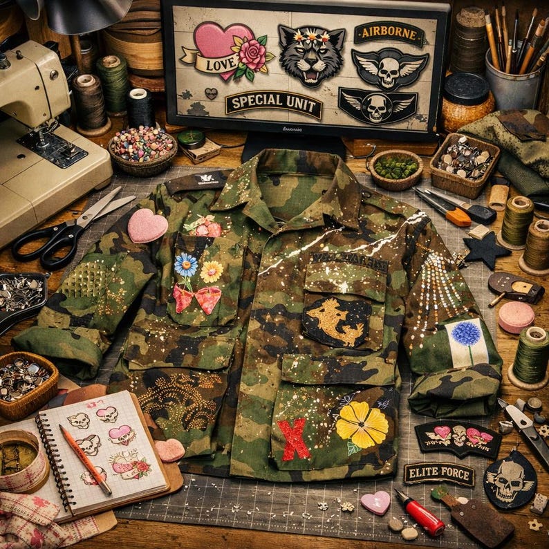 Kurtka w kamuflażu, wykonana z recyklingu, malowana ręcznie, modna, szykowna w kamuflażu: Elegancka kurtka na zamówienie, niepowtarzalny styl uliczny Custom Jackets