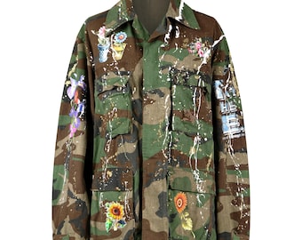 Skull Camo Jacket, Camouflage Jacket, Upcycled Custom, Hand Painted, Fashion Camo Chic: Elegant Custom Streetwear Style Jacket