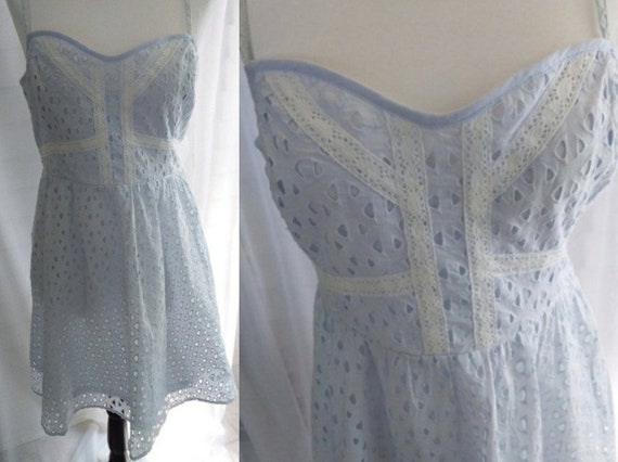 Vintage Sundress/70s Sundress/Blue Eyelet Sundress