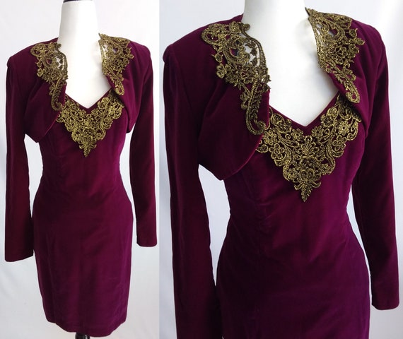 Vintage Velvet Dress/90s Magenta Dress with Bolero