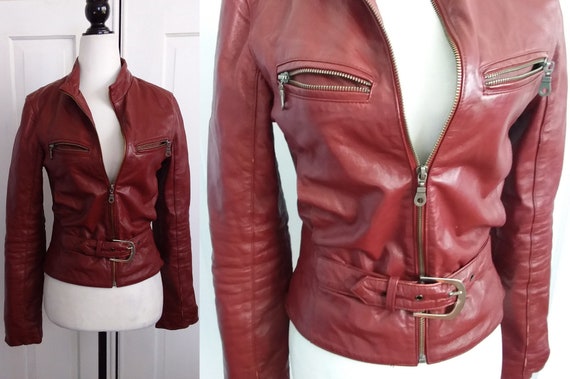 Red Leather Motorcycle Jacket/Vintage Motorcycle J