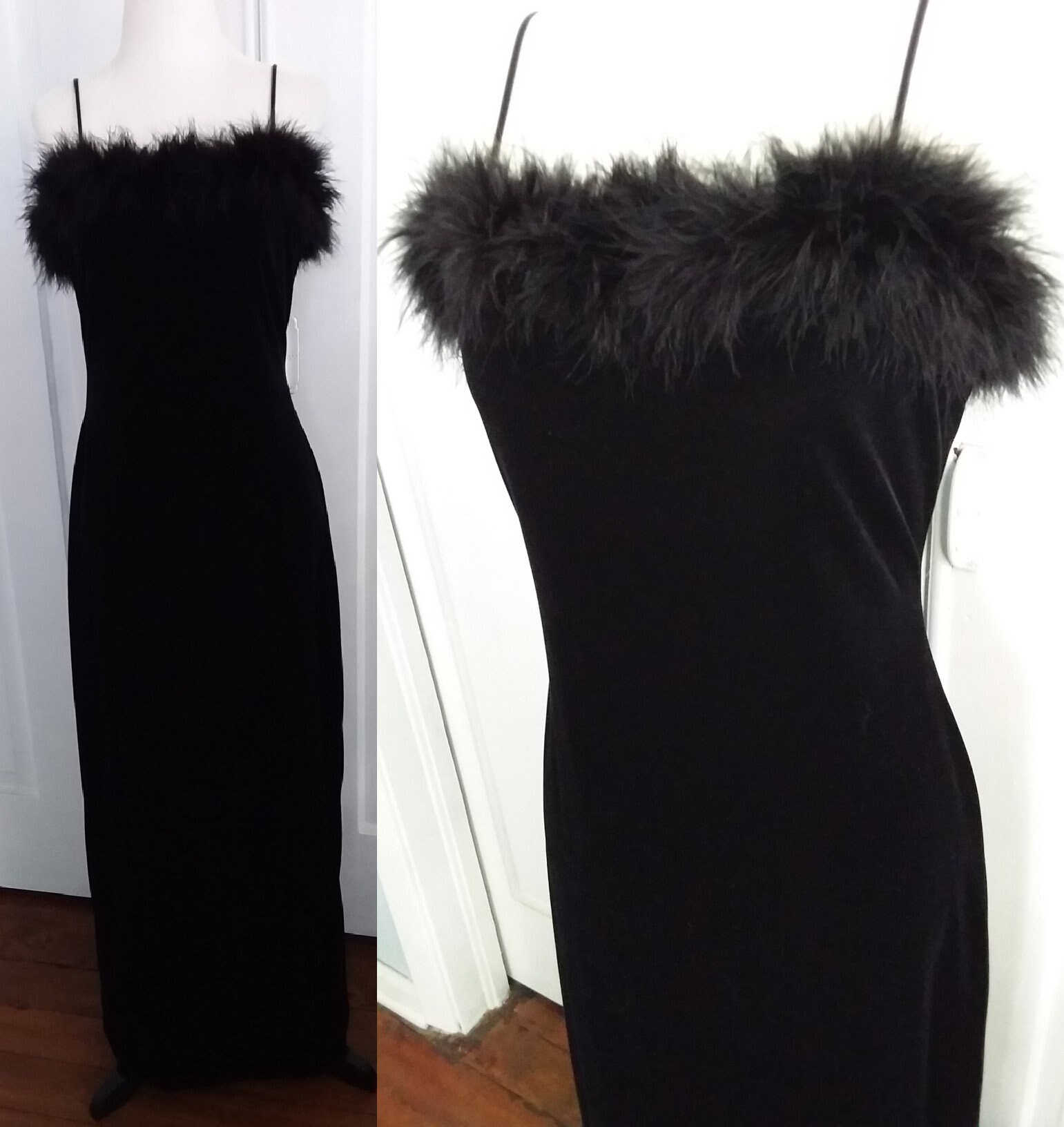 Black Velvet Gown/velvet Feather Gown 
