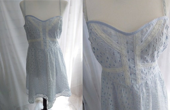 Vintage Sundress/70s Sundress/Blue Eyelet Sundress