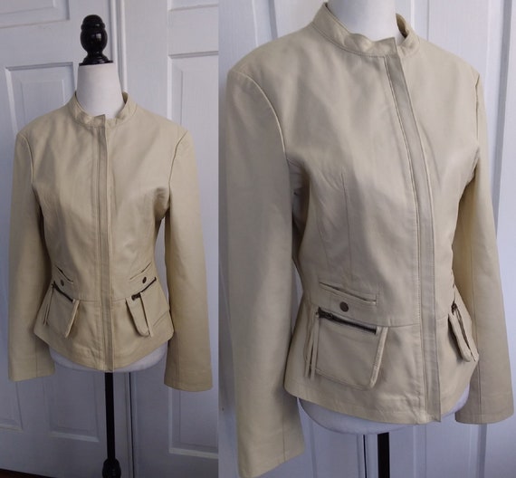 Beige Leather Jacket/Leather Motorcycle Jacket/Vin