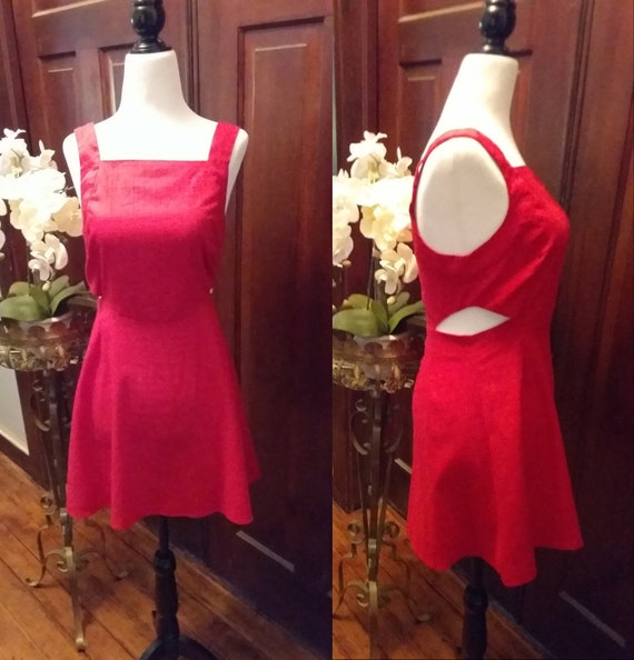 Red Linen Dress/Red Mini/Vintage Linen/Red Mini Dr