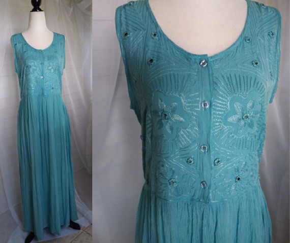 Vintage Teal Cotton Maxi Dress/80s Boho Dress/Wome