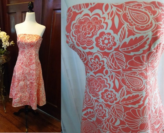Vintage Tea Dress/Strapless Tea Dress/Coral Dress/