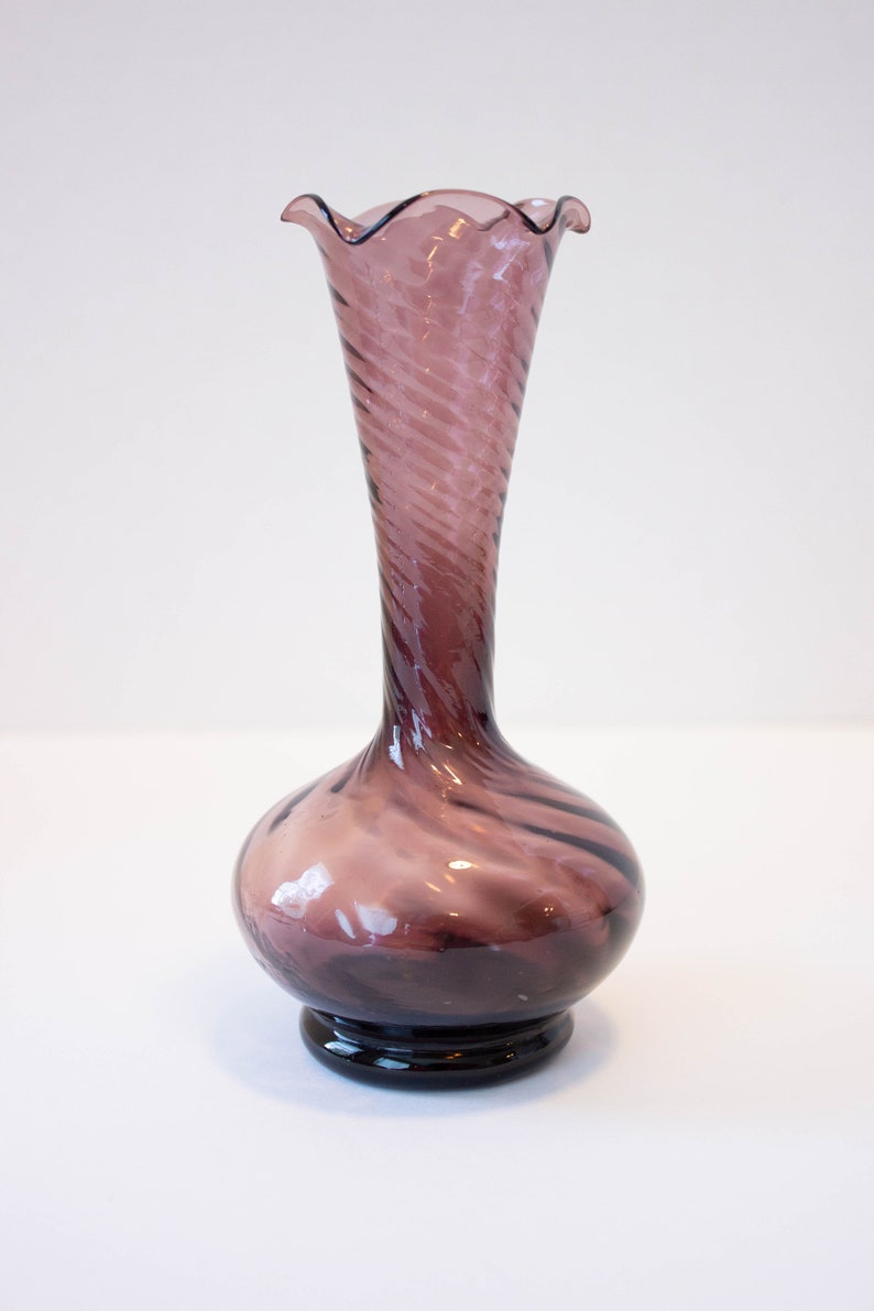 Art Glass Vase Ruffled Rim Hand Blown Swirl Purple Etsy