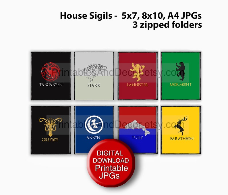 Printable Game Of Thrones Art Posters Got House Sigil 8x10 Etsy