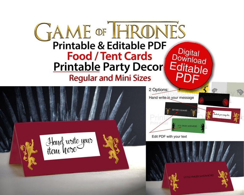 Custom Game Of Thrones Food Tent Cards Personalized Party Etsy