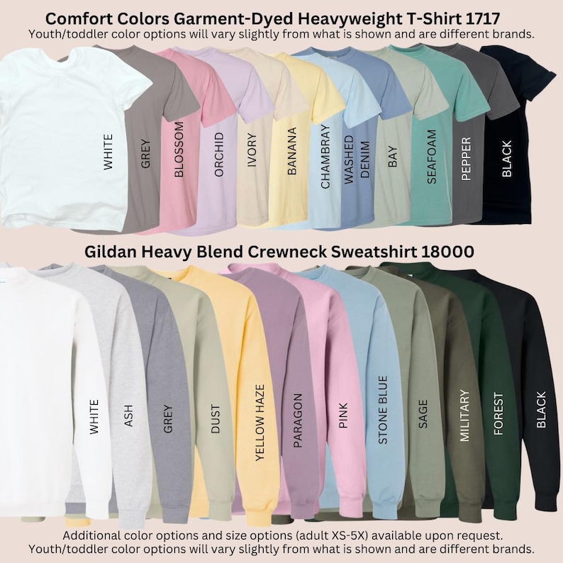 Puede incluir: Un gr&aacute;fico que muestra las opciones de color para las sudaderas con cuello redondo Gildan Heavy Blend y las camisetas de peso pesado te&ntilde;idas en prenda Comfort Colors. Los colores incluyen blanco, ceniza, gris, polvo, neblina amarilla, parang&oacute;n, rosa, azul piedra, salvia, militar, bosque, negro, flor, orqu&iacute;dea, marfil, pl&aacute;tano, Chambray, mezclilla lavada, bah&iacute;a, espuma de mar y pimienta.
