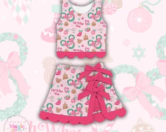 PREORDER Two Piece Tiered Disney Christmas Dress: Whimsical Park Print Disney Holiday Dress
