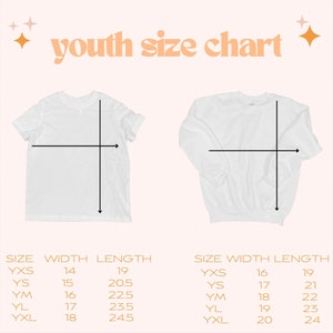 Puede incluir: Tabla de tallas para camisetas y sudaderas para j&oacute;venes. La tabla muestra las medidas de ancho y largo en pulgadas para las tallas YXS, YS, YM, YL y YXL.