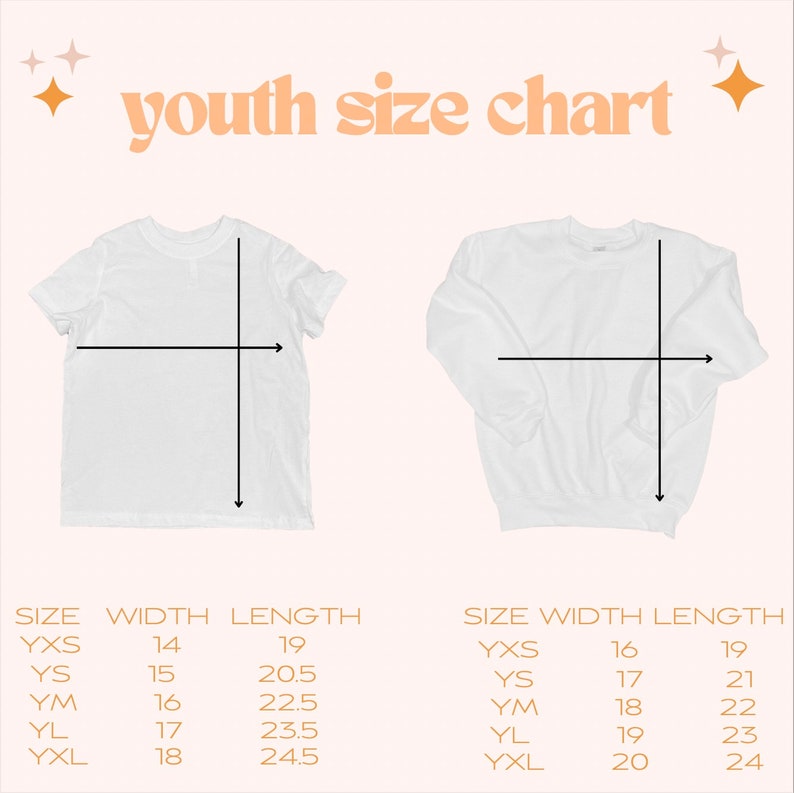 Puede incluir: Tabla de tallas para camisetas y sudaderas para j&oacute;venes. La tabla muestra las medidas de ancho y largo en pulgadas para las tallas YXS, YS, YM, YL y YXL.