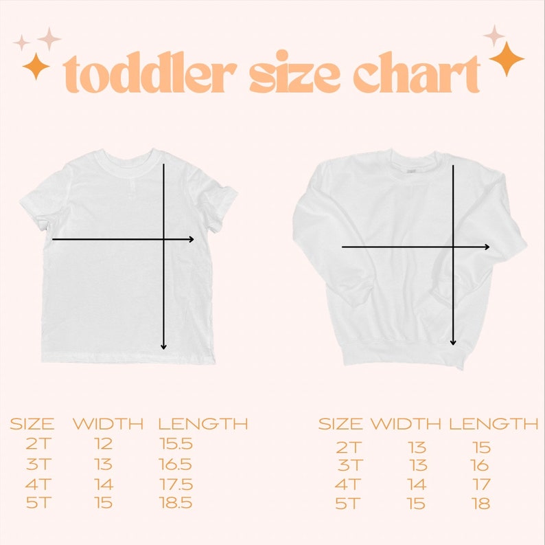 Puede incluir: Una tabla de tallas para ropa de ni&ntilde;os peque&ntilde;os, que muestra las medidas de ancho y largo para camisetas y sudaderas en tallas 2T, 3T, 4T y 5T. La tabla est&aacute; impresa en color marr&oacute;n claro sobre un fondo blanco.