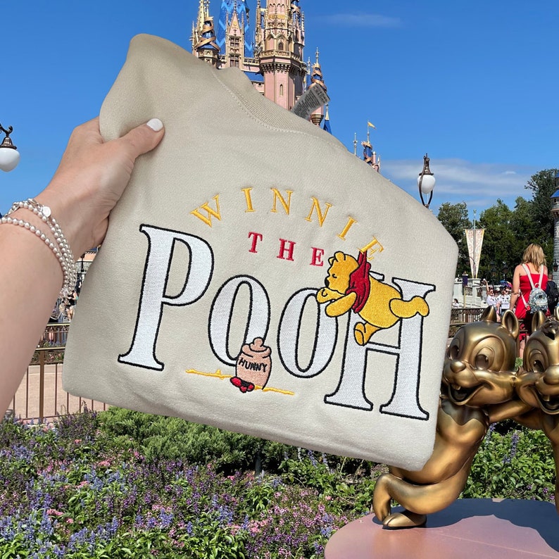 Winnie The Pooh Embroidered Sweatshirt, Embroidered Winnie the Pooh sweatshirt, Winnie the Pooh crewneck, Disneyland Sweatshirt Women image 1