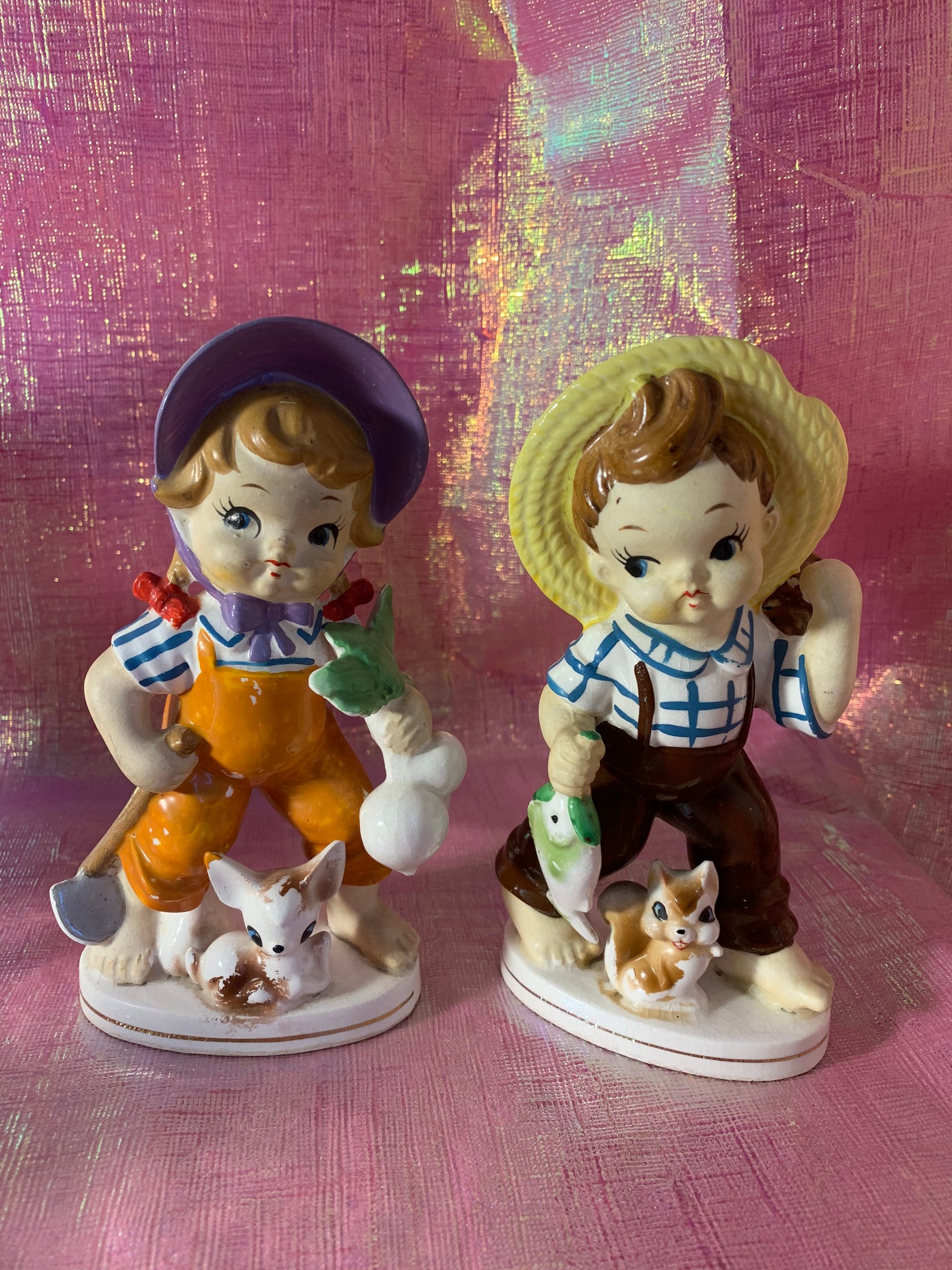 Vintage boy and girl kitsch farmer kid figurines Etsy