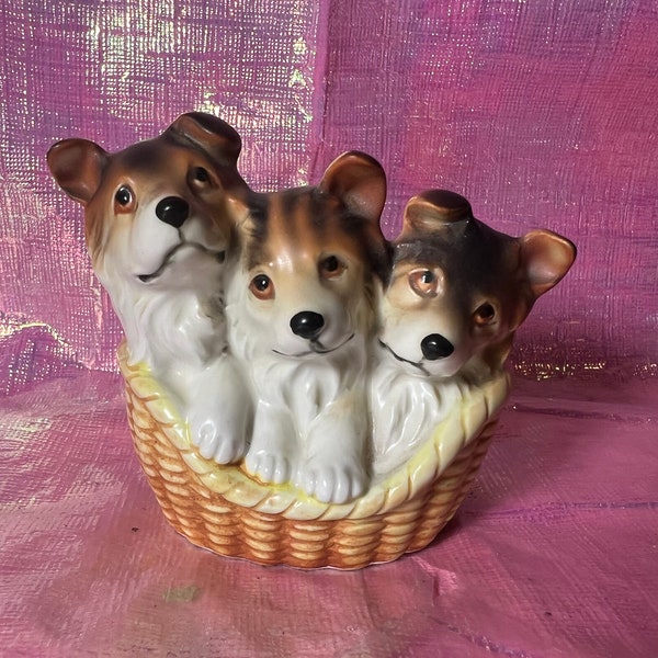 Vintage Lefton Collie Dogs in Basket Figurine