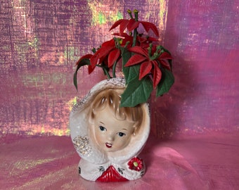 Vintage Inarco Poinsettia Christmas Girl Head Vase