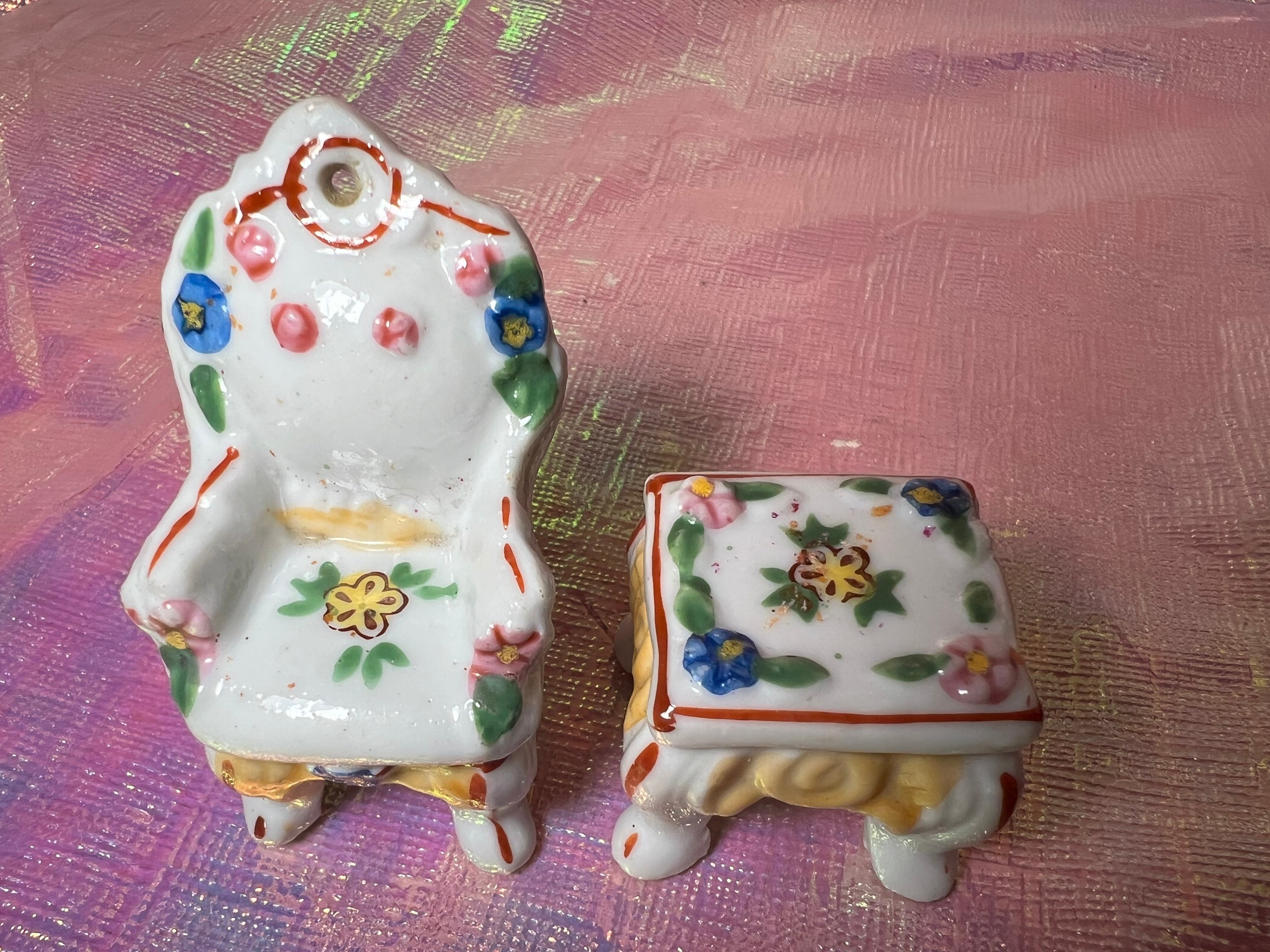 Vintage miniature ceramic dollhouse table and chair