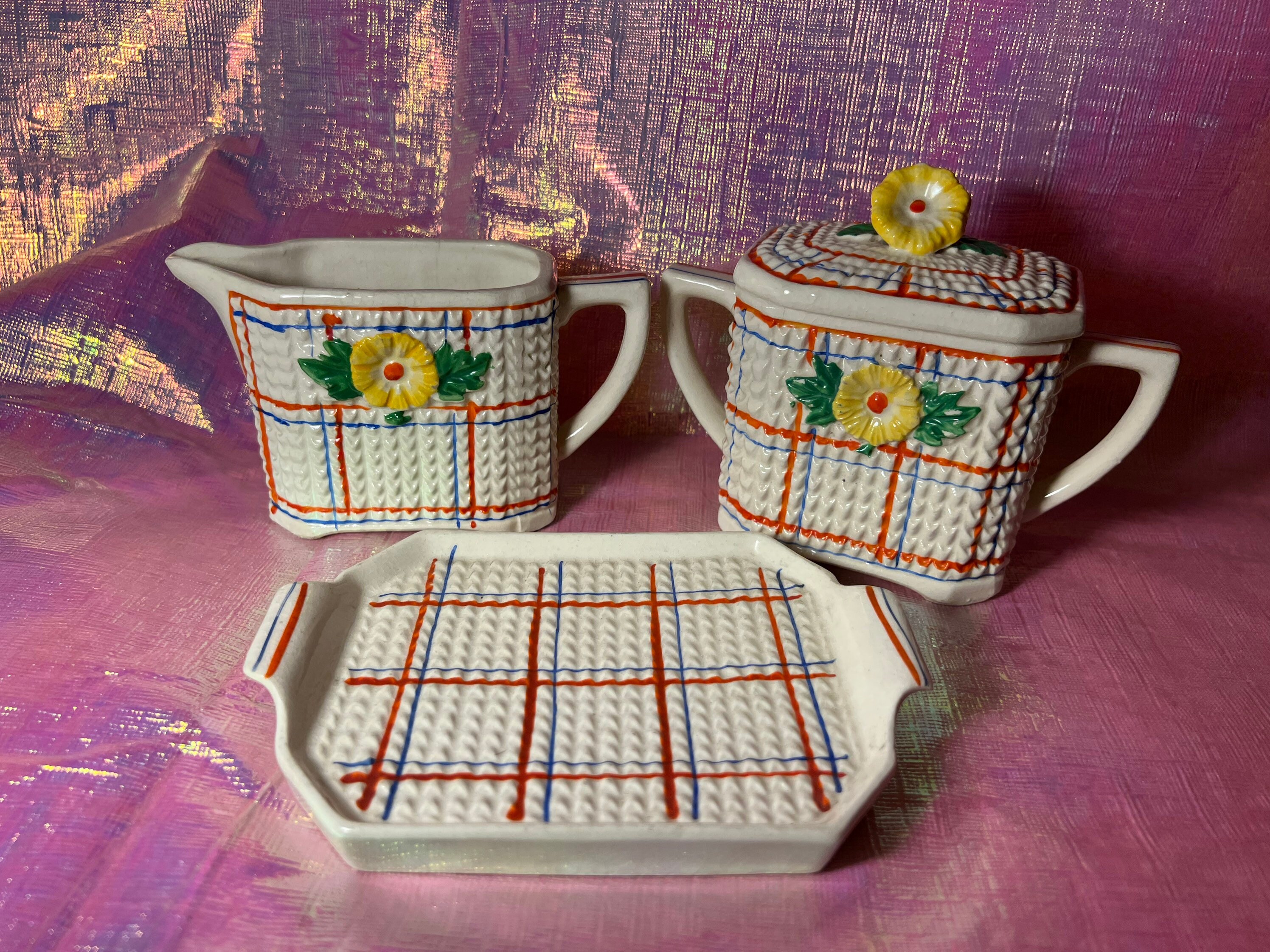 Vintage Plaid Floral Sugar and Creamer Set