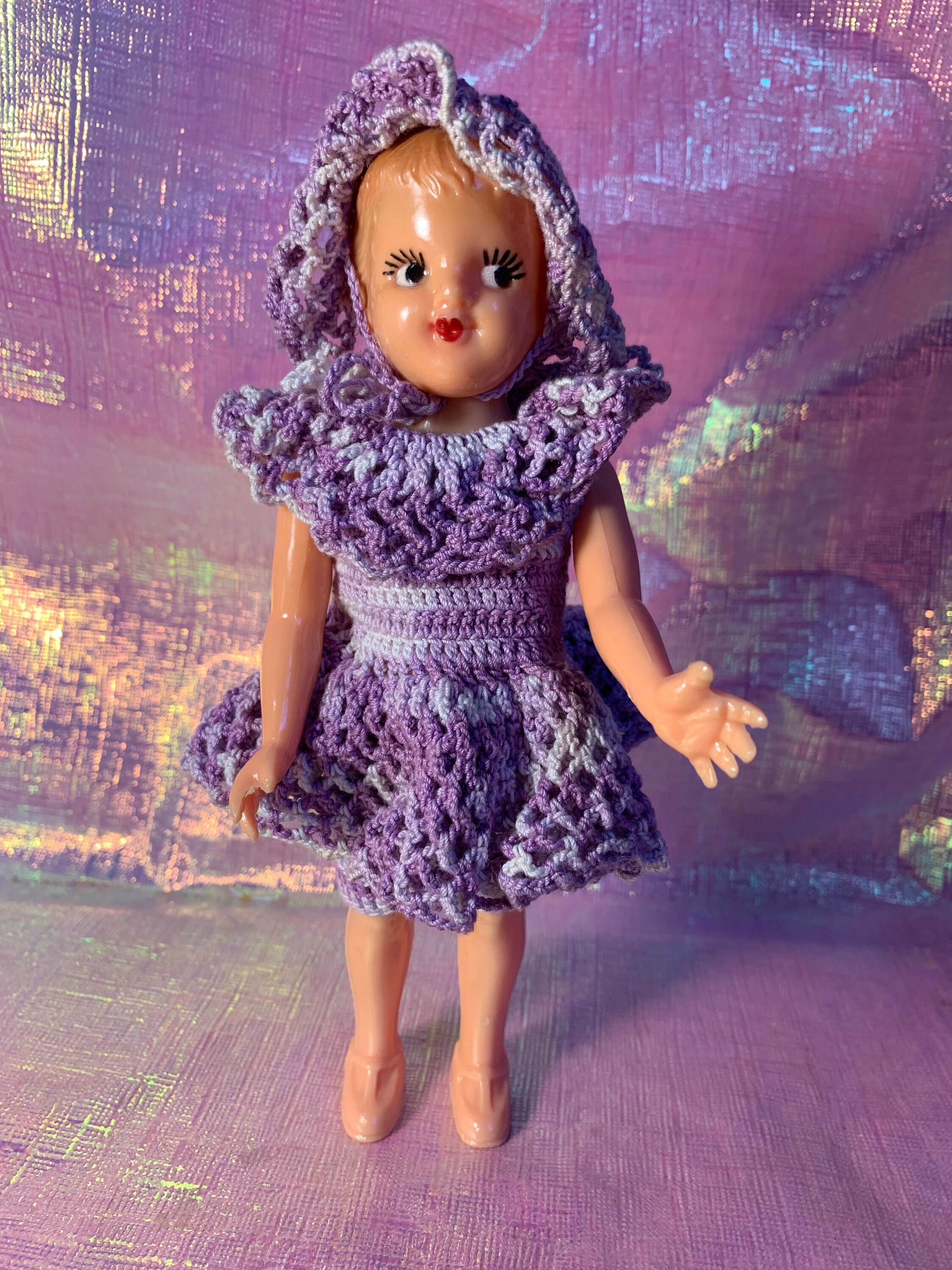 Vintage Hard Plastic Jointed Doll in Crochet Outfit Etsy