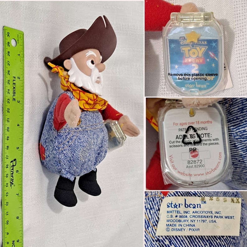 Vintage New Tags Disney Store Pixar Toy Story Sheriff Woody Cowboy Prospector Pete Star Bean or Bullseye Disney Store Bean Bag Plush Doll image 4
