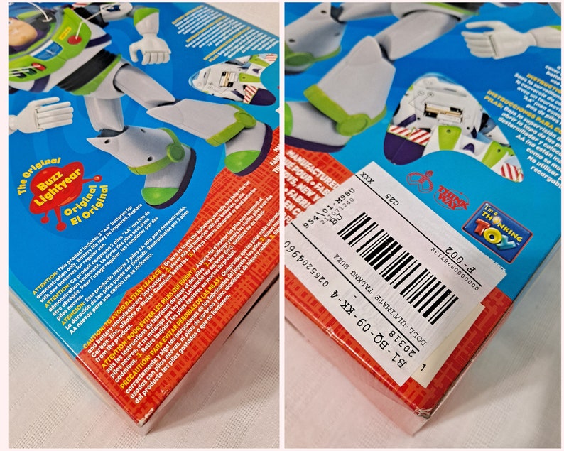 May include: A plastic action figure of Buzz Lightyear from the Toy Story franchise. The figure is wearing a white and green spacesuit with a blue helmet. The figure is holding a laser gun in his right hand. The figure is standing on a blue and white box with the words "The Original Buzz Lightyear" printed on it. The box also has a barcode and the words "I'm a Thinking Toy" printed on it.