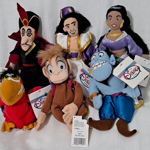Vintage New with tags Princess Jasmine Aladdin Monkey Abu Genie Jafar Parrot Iago Disney Plush Bean Bag Doll