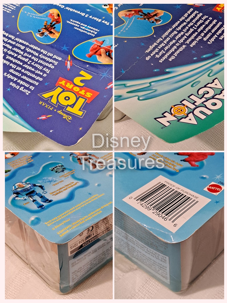 Pode incluir: Uma figura de a&ccedil;&atilde;o de pl&aacute;stico azul e branco do Buzz Lightyear do filme Toy Story 2. A figura est&aacute; segurando uma arma de &aacute;gua e est&aacute; em p&eacute; em um fundo azul e branco. A embalagem &eacute; azul e branca e tem as palavras "Aqua Action" e "Toy Story 2" nela.