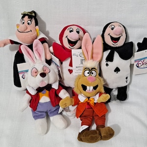 Vintage New with Tags Alice Wonderland Dormouse Mouse White Rabbit Red Black Card Ace Spades Queen Hearts Disney Plush Bean Bag Doll