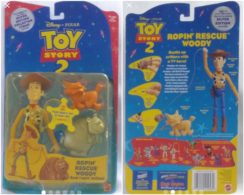 May include: Toy Story 2 action figure of Woody from the movie. Woody is wearing his classic cowboy outfit and holding a rope. He is standing next to a brown and white dog figure. The packaging is blue and yellow with the Toy Story 2 logo and the words "Ropin' Rescue Woody".