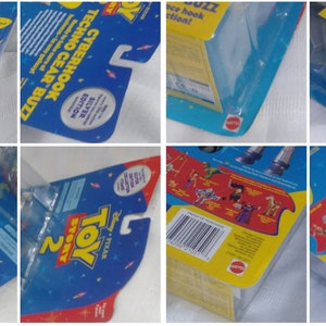 May include: Toy Story 2 action figure packaging featuring Buzz Lightyear in a silver edition with a techno gear hook. The packaging is blue, yellow, and red with the Toy Story 2 logo and a barcode.