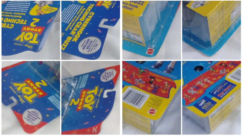 May include: Toy Story 2 action figure packaging featuring Buzz Lightyear in a silver edition with a techno gear hook. The packaging is blue, yellow, and red with the Toy Story 2 logo and a barcode.