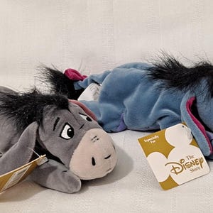 Disney Store Park Resort Hundred Acre Woods Winnie the Pooh pal Bumblebee Grey or Blue Eeyore Plush Bean Bag Doll Retired New with Tags