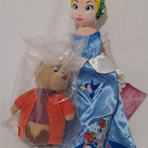 Retired Vintage New Disney Store Spring Fair Princess Cinderella and Vintage Jaq Mouse with plastic eyes Plush Bean Bag Plushie Doll