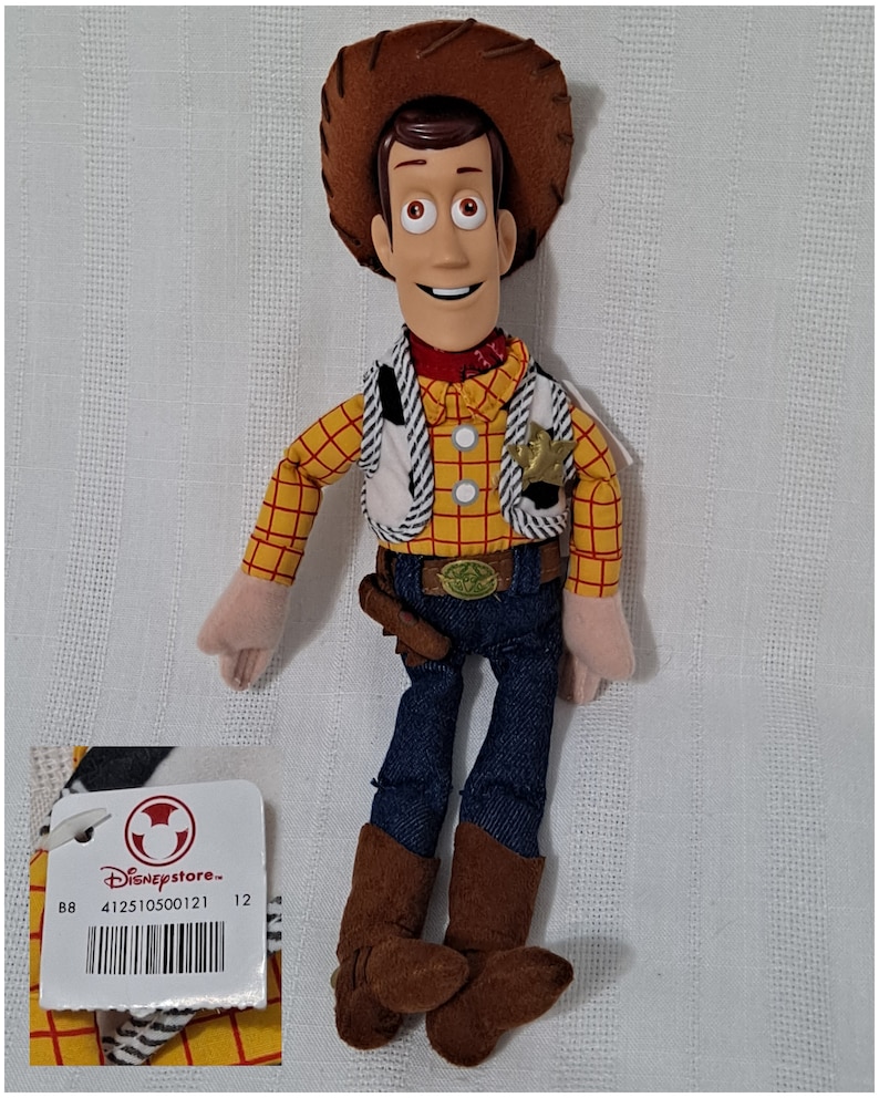 May include: A plush toy of Woody from the Toy Story franchise. Woody is wearing his signature brown cowboy hat, yellow and red plaid shirt, brown vest, blue jeans, and brown cowboy boots. He is holding a brown gun in his right hand. The toy is labeled with a Disneystore tag with the number 412510500121.