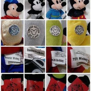 Op de afbeelding: Tien pluche Mickey Mouse-speelgoedjes, elk gekleed in een ander kostuum. De kostuums omvatten een tovenaarsmantel, een matrozenoutfit, een groene tuniek, een geel shirt en een rood shirt. Elk speelgoed heeft een label met de tekst "Limited Edition of 2.400".