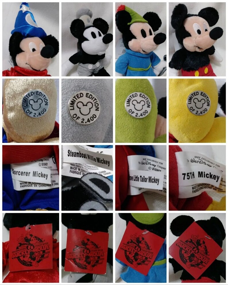 Op de afbeelding: Tien pluche Mickey Mouse-speelgoedjes, elk gekleed in een ander kostuum. De kostuums omvatten een tovenaarsmantel, een matrozenoutfit, een groene tuniek, een geel shirt en een rood shirt. Elk speelgoed heeft een label met de tekst "Limited Edition of 2.400".