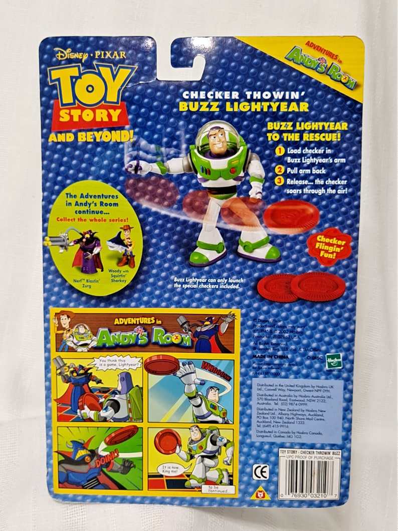 May include: Toy Story action figure of Buzz Lightyear from the Disney Pixar movie Toy Story. Buzz Lightyear is wearing his signature space ranger suit and is holding a red flying disc. The packaging features the Toy Story logo and the words "Checker Throwin' Buzz Lightyear" and "Adventures in Andy's Room".