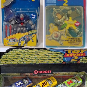 Disney Pixar Toy Story 2 Mattel Twin Rocket  Force Buzz Cyberhook Buzz Silver Edition Action Figure Hotwheels Nascar Car Vintage Retired New