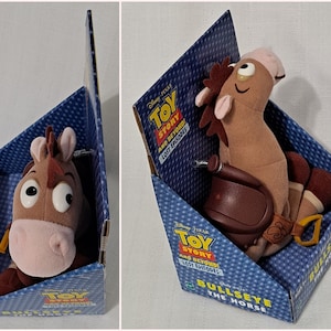May include: A plush brown horse toy from the Disney Pixar Toy Story franchise. The toy is called Bullseye the Horse and is packaged in a blue and white box with the Toy Story logo. The box has the text "Toy Story and Beyond! Lost Episodes" on it.