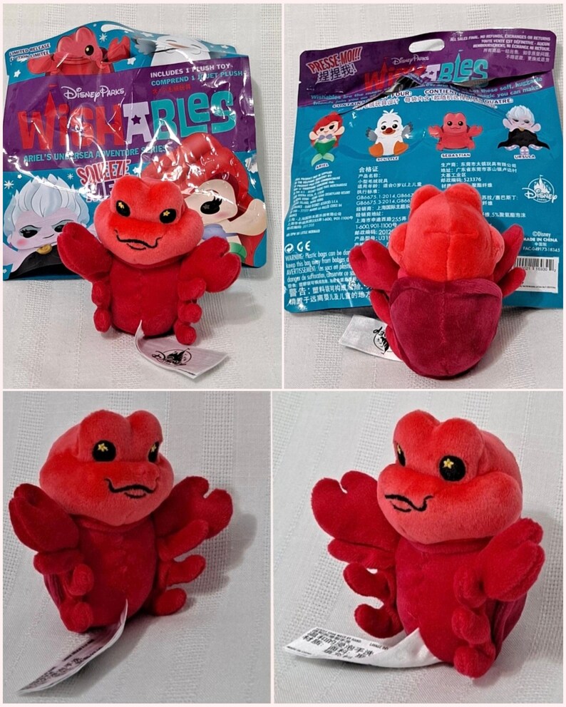 May include: Red plush toy of Sebastian the crab from Disney's The Little Mermaid. The toy is part of the Disney Parks Squish-A-bles collection. The toy is shown in a plastic bag with the Disney Parks logo and the words "Squish-A-bles" printed on it.