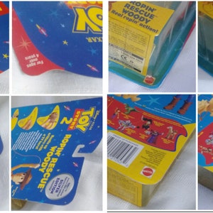May include: Toy Story 2 action figure packaging featuring Woody, the cowboy doll, with a blue, yellow, and red color scheme. The packaging includes the text "Ropin' Rescue Woody" and "Silver Edition".
