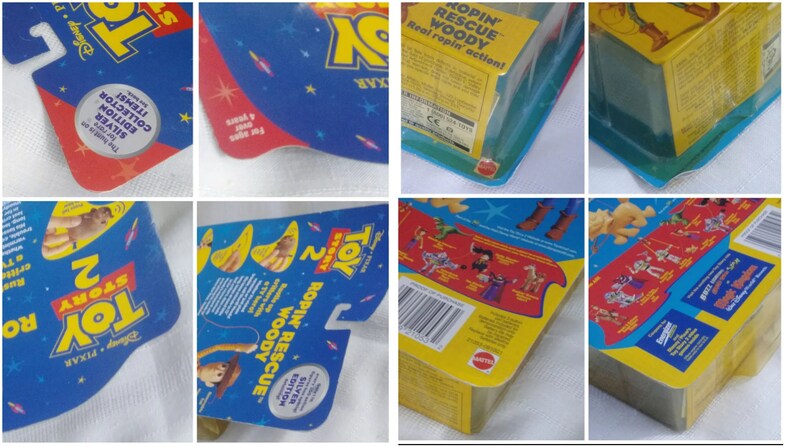 May include: Toy Story 2 action figure packaging featuring Woody, the cowboy doll, with a blue, yellow, and red color scheme. The packaging includes the text "Ropin' Rescue Woody" and "Silver Edition".